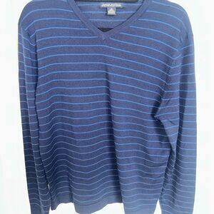 Banana Republic Men's Navy and Light Blue Striped V-Neck Sweater